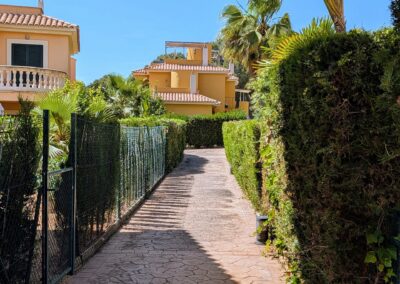 Ferienhäuser der Anlage El Paraiso auf Mallorca mit Palmen und gepflastertem Weg